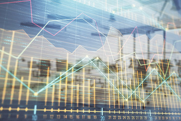 Stock and bond market graph with trading desk bank office interior on background. Multi exposure. Concept of financial analysis