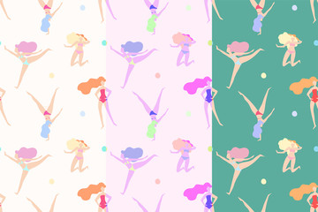 Set of Vector seamless patterns with women in swimsuits on beach