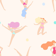 Vector seamless pattern with women in swimsuits on beach