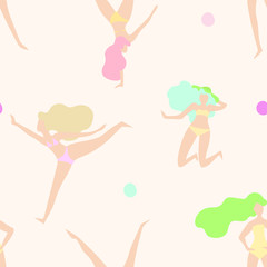 Vector seamless pattern with women in swimsuits on beach