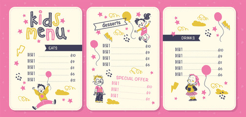 Vector kids menu design template with funny boy and girl characters, hand drawn stars, air balloons, menu in pink yellow colours. Flat style, vector illustration. For restaurants, cafe, fast food etc.