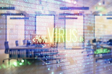 Stock market chart with trading desk bank office interior on background. Double exposure. Concept of financial analysis