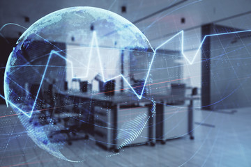 Stock and bond market graph and world map with trading desk bank office interior on background. Multi exposure. Concept of international finance