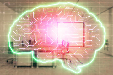 Human brain drawing with office interior on background. Double exposure. Concept of innovation.