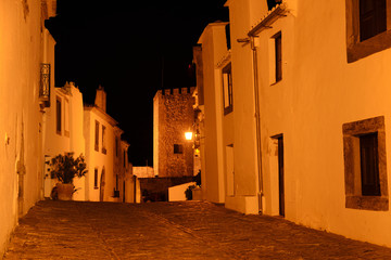 Houses, shops and churches painted white through the streets of the medieval town of Monsaraz in Alentejo, Portugal