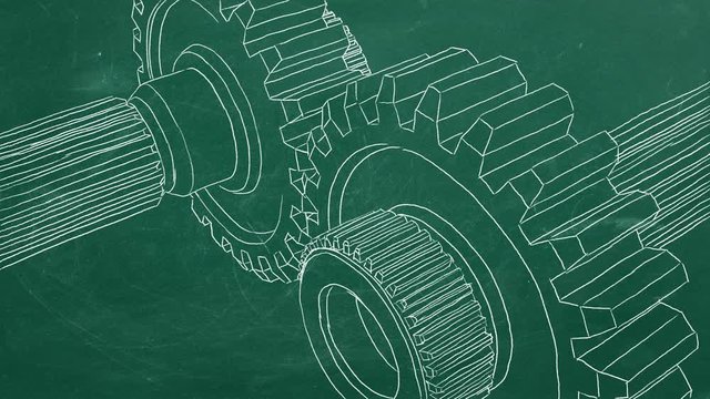Hand drawing on greenboard and animated gear transmission.