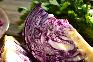 Fresh vegetables in the sunlight. Red cabbage and parsley. Vegetarian wholesome food. Red cabbage...