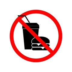 No food and drink sign. Silhouette hamburger in red circle. Sign no meal on white background. Label no eating. Symbol forbidden fast food for poster,banner. Mark warning. Flat vector illustration.