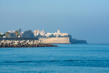 View from Atlantic ocean on old part of Cadiz, Andalusia, Spain