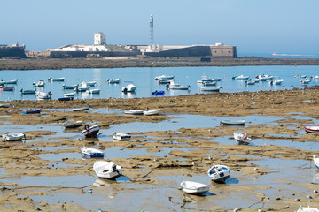 Low tide time on ocean coast of Cadiz, shallow water with fishing boats and seagulls, Andalusia, Spain