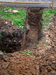 trench for cable laying in summer, Moscow.