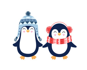 Cute pair of penguins for kids. Merry Christmas. Winter accessories, knitted hat, scarf. Cartoon vector illustration isolated on white background.