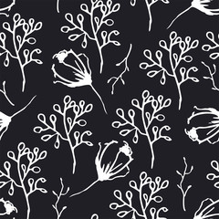 Vector seamless pattern of ink floral in retro style on a black background. Flowers, buds and leaves. Hand drawn ink.  Design for wedding invitations, envelopes, greeting card template and textile