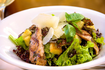 close-up salad with meat, cheese, herbs and crackers, tasty and healthy snack, restaurant serving