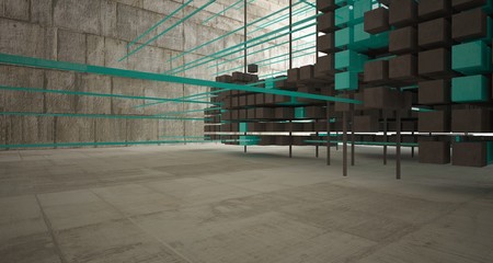 Abstract architectural concrete  interior  from an array of blue cubes with large windows. 3D illustration and rendering.