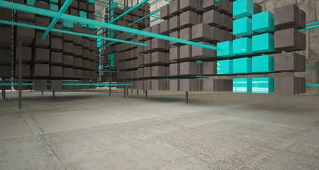 Abstract architectural concrete  interior  from an array of blue cubes with large windows. 3D illustration and rendering.