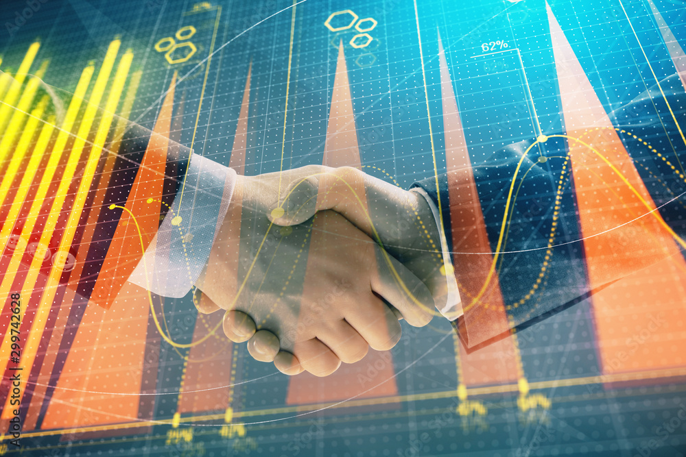 Poster multi exposure of forex graph on abstract background with two businessmen handshake. concept of succ