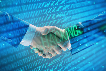 Multi exposure of hacking drawing on abstract background with two men handshake. Concept of data cyberpiracy