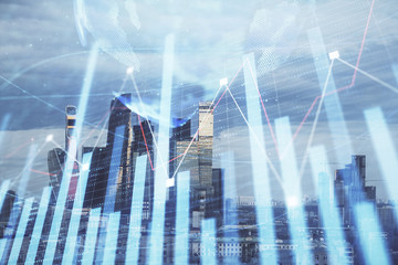 Plakat Double exposure of financial graph and world map on city veiw background. Concept of financial market research and analysis