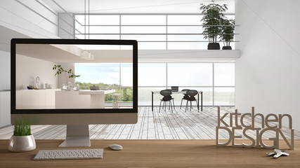 Architect designer project concept, wooden table with house keys, 3D letters words kitchen design and desktop showing draft, blueprint CAD sketch in the background, white interior design