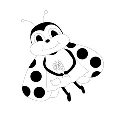 Vector cartoon cute ladybug in a  dress holding a flower in her paws. Outline illustration.
