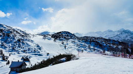 Fototapeta na wymiar winter landscape in the mountains. Vogel Ski Resort, Slovenia