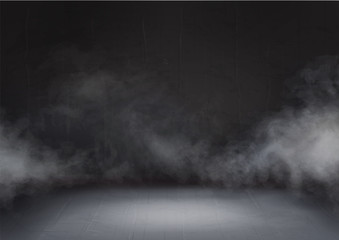 Gray cloud and smoke in the dark room. Mist effect stage. Transparent fog on black background abstract realistic decoration © lightgirl