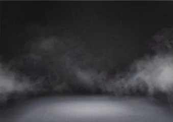 Fotobehang Grijze wolk en rook in de donkere kamer. Neveleffect stadium. Transparante mist op zwarte abstracte realistische decoratie als achtergrond © lightgirl