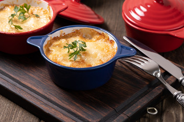Stew pot with sausage and cheese