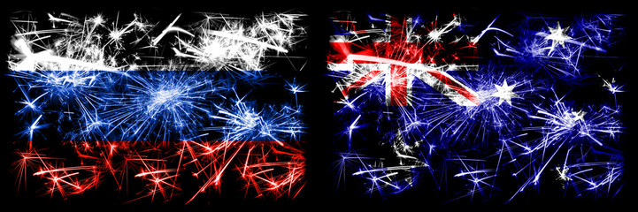 Russia, Russian vs Australia, Australian New Year celebration sparkling fireworks flags concept background. Combination of two states flags