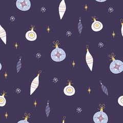 Seamless pattern with christmas decorations and snowflakes on purple background.