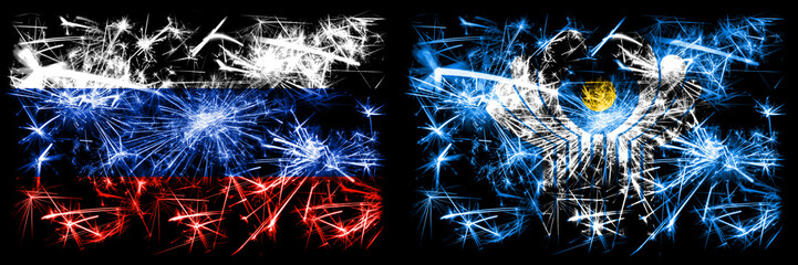 Russia, Russian vs Commonwealth New Year celebration sparkling fireworks flags concept background. Combination of two states flags