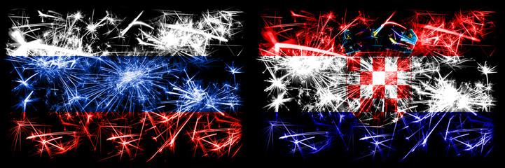 Russia, Russian vs Croatia, Croatian New Year celebration sparkling fireworks flags concept background. Combination of two states flags