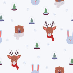 Seamless pattern with spruce in a glass bowl, deer, bear, hare and snowflakes on white background.