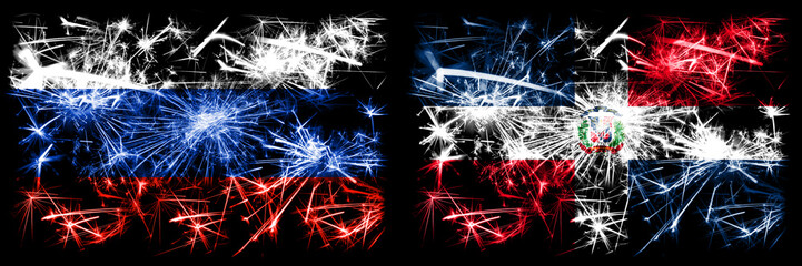 Russia, Russian vs Dominican Republic New Year celebration sparkling fireworks flags concept...
