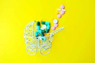 Tablets on a sackcloth background.Paracetamol, Antibiotics, Antihistamines, Amitriptyline, Hydrochloride, Vitamin B Complex.