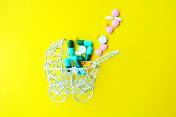 Tablets on a sackcloth background.Paracetamol, Antibiotics, Antihistamines, Amitriptyline,...