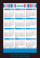 pocket calendar 2020, start on Sunday, vectorSIZE: 2.4