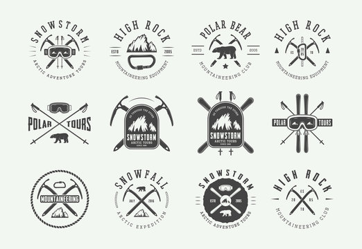 Vintage arctic mountaineering logos, badges, emblems and design elements. Vector illustration