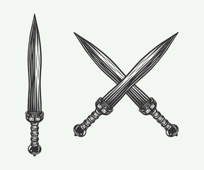 Vintage retro cross short swords. Roman sword. Gladius. Graphic Art. Illustration. Vector.