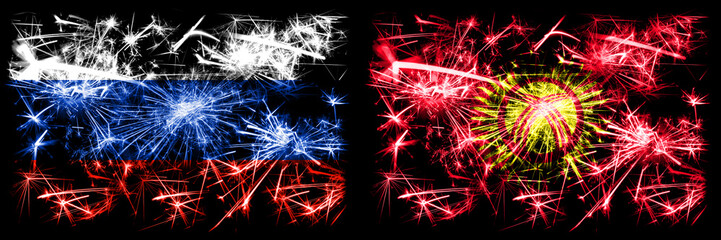 Russia, Russian vs Kyrgyzstan New Year celebration sparkling fireworks flags concept background. Combination of two states flags