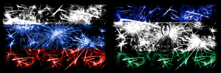 Russia, Russian vs Lesotho New Year celebration sparkling fireworks flags concept background. Combination of two states flags