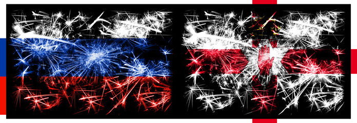 Russia, Russian vs Northern Ireland New Year celebration sparkling fireworks flags concept background. Combination of two states flags
