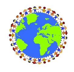Detailed illustration of planet Earth with a lot of children from various countries surrounding it