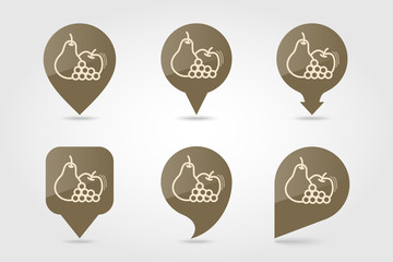 Apple, Grapes and Pear pin map icon. Harvest