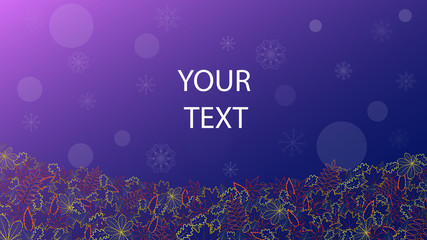 Fall background with contour oak maple rowan chestnut birch leaves and snowflakes. Bright horizontal autumn banner with place for your text. 