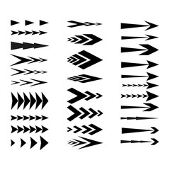 Arrows collection. Black arrow direction signs forward and down for navigation or web download button isolated vector narrow, right and recycle arrowhead symbols set