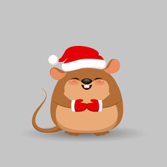 Cute rat character isolated on grey background. Happy baby mouse in Christmas hat and mittens. 2020 Chinese New Year greeting.