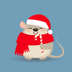 Cute rat character isolated on blue background. Happy mouse in Christmas Santa hat and scarf with candy. 2020 Chinese New Year greeting.