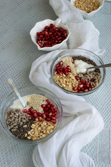 Healthy breakfast mood, muesli with raw pomegranate, sunflower and sesame seeds.